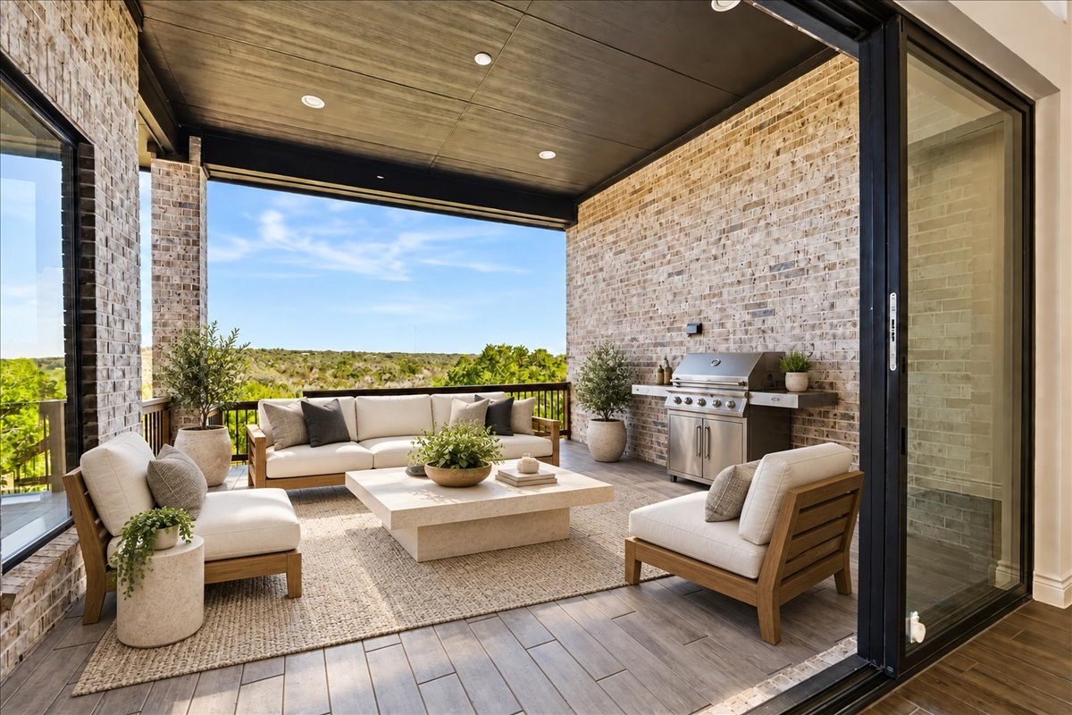 Covered patio with illustrative furnishings